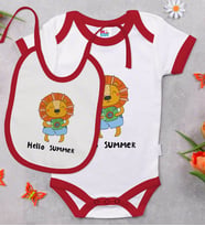 BK Kids Hello Summer Tasarımlı Kırmızı Bebek Body Zıbın ve Mama Önlüğü Hediye Seti-1