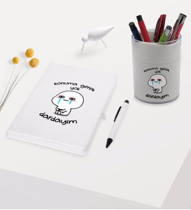BK Gift Dardayım Tasarımlı Beyaz Defter Kalem ve Kalemlik Hediye Seti - Model 1