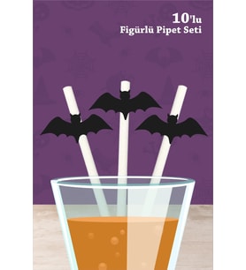 Halloween Cadılar Bayramı Yarasa Temalı 10'lu Figürlü Pipet Seti