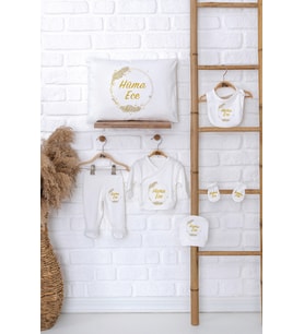 Pia Baby Premium %100 Pamuk İsme Özel Kız Bebek Hediye Seti Zıbın Yastık Kılıfı 5064-06 (Ekru)