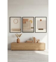 Doğal Tonlarda Modern Minimalist Soyut Geometrik 3’lü Ahşap Çerçeveli Tablo Seti