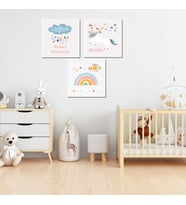 3'lü Kare Kanvas Bebek Odası Unicorn ve Mavi Bulut Tablo Seti
