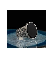 Oval Oniks Taşlı Örgü Desenli Erkek Gümüş Yüzük