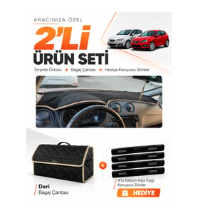 e-biz SEAT IBIZA (2008-2017) Uyumlu Torpido Örtüsü + Deri Bagaj Çantası Seti - Siyah-Bej - SE004