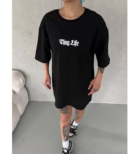 Unisex Bisiklet Yaka Baskılı Oversize T-Shirt - Siyah