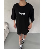 Unisex Bisiklet Yaka Baskılı Oversize T-Shirt - Siyah