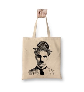 Charlie Chaplin 02 Beyaz Bez Çanta Uzun Saplı Alışveriş Çantası Plaj Çantası