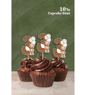 Ayıcık Temalı 3 Yaşında Cupcake Süsü '10lu