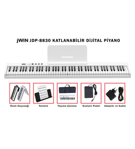 Jwin JDP-8830 Tuş Hassasiyetli Katlanabilir Bluetooth + Şarjlı Piyano - Beyaz