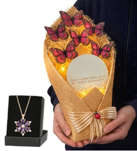 Premium Hediye Seti Led Işıklı Aynalı Kelebek Buketi ve Gerçek Ametist Taşlı Lotus Kolye (Pembe)
