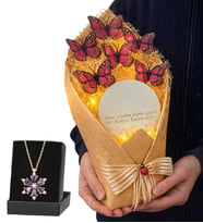 Premium Hediye Seti Led Işıklı Aynalı Kelebek Buketi ve Gerçek Ametist Taşlı Lotus Kolye (Pembe)