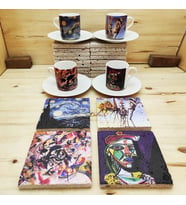 Dali, Van Gogh, Picasso, Kandinsky Tasarımlı 4'lü Türk Kahvesi Fincanı ve Taş Bardak Altlığı Seti
