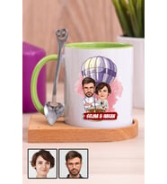 Eşe Hediye Uçan Balon Temalı Karikatürlü Ahşap Altlıklı Yeşil Kupa Bardak