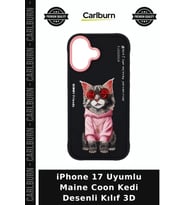 iPhone 17 Uyumlu Maine Coon Kedi Desenli Kılıf 3D Arkadaşa Hediye Telefon Koruma Zincirli Kapak