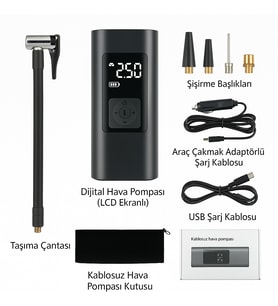 Taşınabilir Dijital Hava Kompresörü – 6000mAh, LCD Ekranlı, Kablosuz Şarjlı 6000 MAH KAPASİTELİ