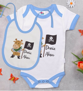BK Kids Kişiye Özel Sevimli Korsan Tasarımlı Mavi Bebek Body Zıbın ve Mama Önlüğü Hediye Seti-3