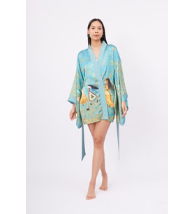 Peraluna JOY SHORT KIMONO Baskılı Saten Kadın Kısa Kimono - Turkuaz