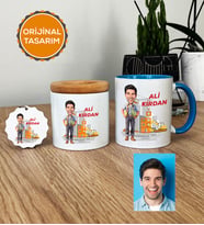 Kişiye Özel Karikatürlü İnşaat Mühendisi Hediye Seti Kupa Bardak, Kalemlik, Anahtarlık Erkek İnşaat Mühendisine Mühendisler Günü Hediyesi (Mavi)