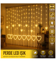 3 Metre 8 Modlu Kalp Perde LED Işık - Sarı (Sıcak Beyaz) Işık Dekoratif Işıklandırma Oda Dekoru