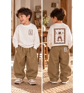 Kaykaycı Ayıcık Baskılı Sweatshirt ve Bol Paça Pantolon Erkek Çocuk 2’li Takım - Ekru