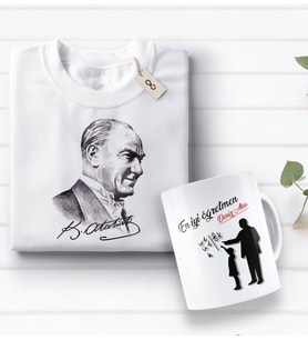 BK Gift Kişiye Özel Öğretmenler Günü Tasarımlı Kupa Bardak ve Atatürk Baskılı Tişört Hediye Seti- 3-7, Öğretmene Hediye, Öğretmenler Günü, 100. Yıl Hediyesi