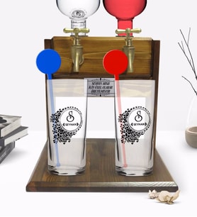 BK Gift Kişiye Özel Renkli Baskılı İsimli İkili Vodka Bardağı ve Çift Musluklu Doğal Ahşap Vodka Standı-114 (Model 1)