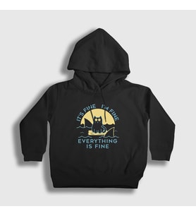 Presmono Unisex Çocuk Siyah Everything Is Fine Cat Kedili Kapüşonlu Sweatshirt 447311tt
