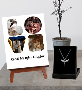 Kişiye Özel Masaüstü 4 Fotoğraflı  Anı Fotoğrafı Love Kendi Mesajını Oluştur Tasarımlı Şövale Ve Gümüş Melek Figürlü Kolye