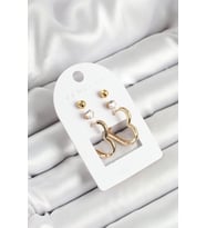 Pirinç Zirkon Taş Ve Kalp Figürlü Gold Renk 3'lü Çift Kadın Küpe Set - TJ-BKP10650