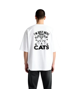 Erkek Oversize Kedi Baskılı Tişört %100 Pamuk Rahat Kesim Kısa Kol Crew Yaka Komik Yazı Tasarım