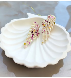 Angel Wings Pembe Pırıltılı El Yapımı Beyaz Kanat Küpe (Parlak Beyaz)