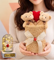 Kalpli Premium 2'li Kahve Peluş Ayıcık Buketi (Kişiye Özel Işıklı Beyaz Melekli Fanus Hediyeli) (Model 1)