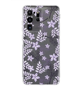 Samsung Galaxy S20 Ultra  Kamera Korumalı Kapak Floral Lila Tasarımlı  Şeffaf Kılıf