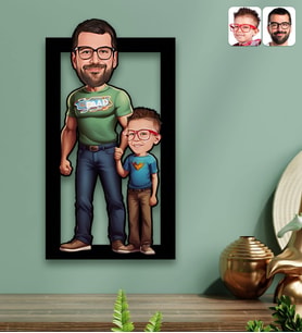 BK Gift Kişiye Özel Baba-Oğul Karikatürlü 3D Ahşap Tablo-1, Babalar Günü Hediyesi, Babaya Hediye