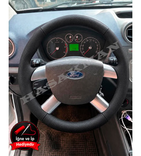 Ford Focus 2 Dikme Direksiyon Kılıfı Premium Komple Delikli Deri Siyah Dikiş 2004-2011