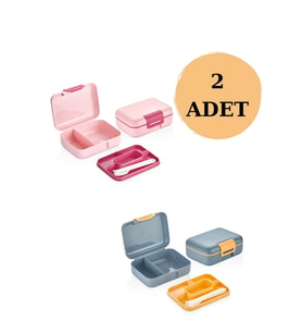 2'li Kendinden Kaşıklı 5 Bölmeli 2 Katlı Beslenme Kutusu Pembe-Mavi