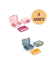 2'li Kendinden Kaşıklı 5 Bölmeli 2 Katlı Beslenme Kutusu Pembe-Mavi