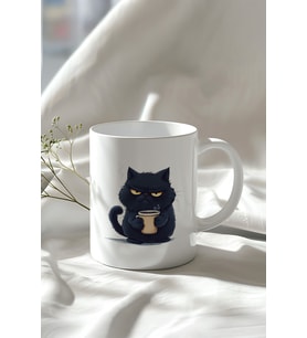 Somurtkan Kahveli Kedi Figürlü 330ml Baskılı Beyaz Seramik Kupa Bardak