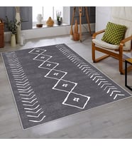 Çizgi Bohem Etnik Kilim Desen Dijital Baskı Yıkanabilir Kaymaz Taban Modern Salon Halısı ve Yolluk (Beyaz)