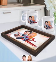BK Gift Kişiye Özel Sevgililer Karikatürlü Doğal Ahşap Tepsi ve 2’li Kupa Bardak Seti-11