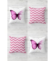 Kelebek Ve Zigzag Desenli Gizli Fermuarlı Kırlent Kılıfı Koltuk Yastık Kılıfı Takım(4adet) (Pembe-Beyaz)