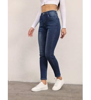 Kadın Yüksek Bel Mom Fit Jean Kot Pantolon (Mavi)