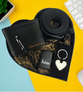 Kişiye Özel Premium Kalp Kutu Cüzdan Kemer Metal Lüx Kalp Anahtarlık Zippo Metal Çakmak Touch Pen Metal Kalem Hediye Set