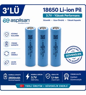 Aspilsan 18650 2600mAh 3.7V Li-ion Şarjlı Pil 3'lü Paket Orijinal INR18650A28 Lityum İyon Batarya Yerli Üretim