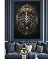 Berber Dükkanı Logosu Vintage Amblem Dekoratif Kanvas - Mdf Ahşap Tablo