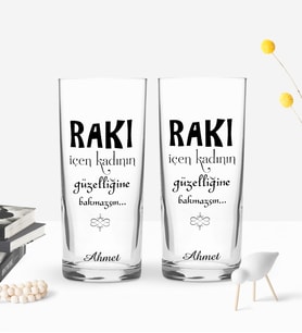 BK Gift Kişiye Özel Renkli Baskılı Rakı İçen Kadının Tasarımlı İkili Rakı Bardağı Seti-1 (Beyaz)