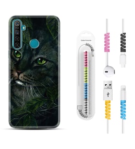 Realme 5i 5 Pro 6i 7 Pro 8 Kılıf Kablo Koruma Spiral Silikon Flowers Cat 1345