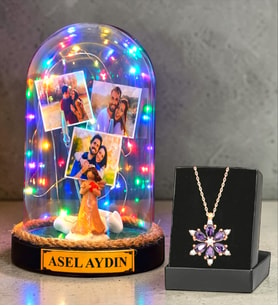 Sizlere Özel Renkli Led Işıklı Fanus ve Gerçek Ametist Taşlı Lotus Kolye (Model 10)