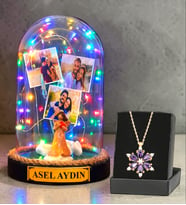 Sizlere Özel Renkli Led Işıklı Fanus ve Gerçek Ametist Taşlı Lotus Kolye (Model 10)