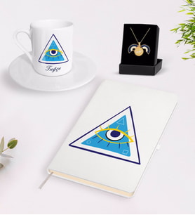 BK Gift Kişiye Özel Nazar Temalı Beyaz Defter Türk Kahvesi Fincanı ve Açılan Nazar Kolye Hediye Seti-3 (Model 1)